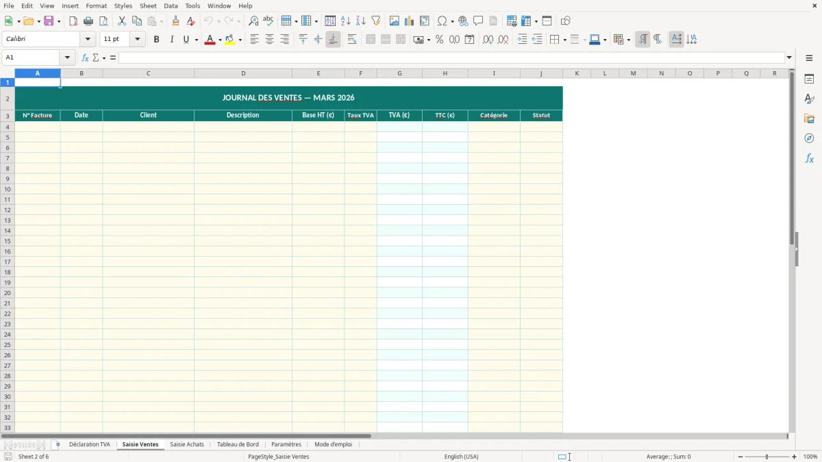 Capture d'écran 2 : Feuille Saisie Ventes - Modèle Excel déclaration TVA excel