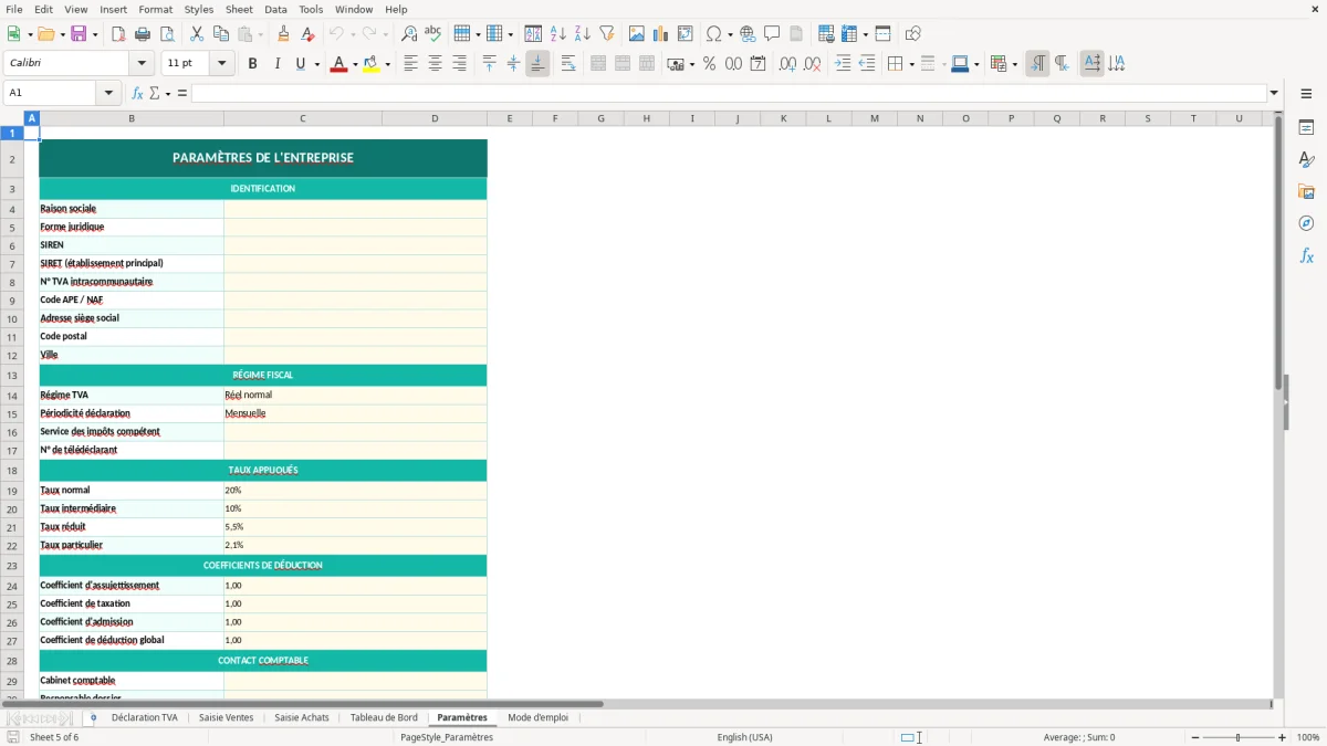 Capture d'écran 5 : Feuille Paramètres - Modèle Excel déclaration TVA excel