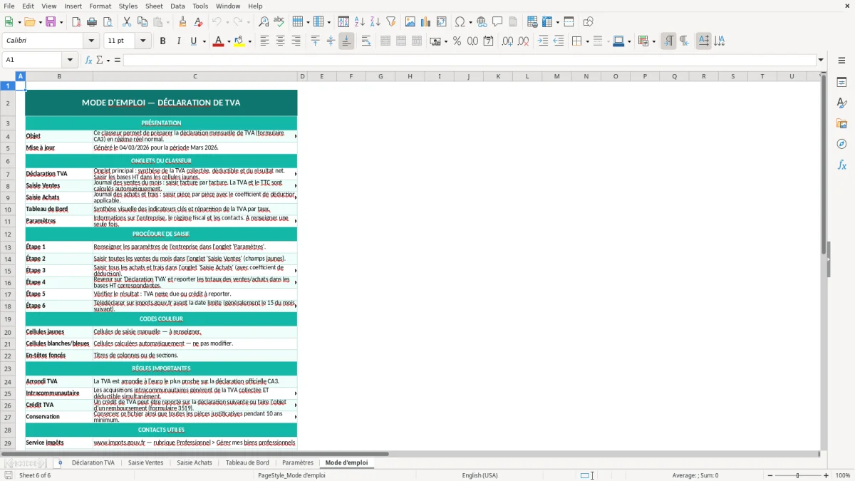Capture d'écran 6 : Feuille Mode d'emploi - Modèle Excel déclaration TVA excel