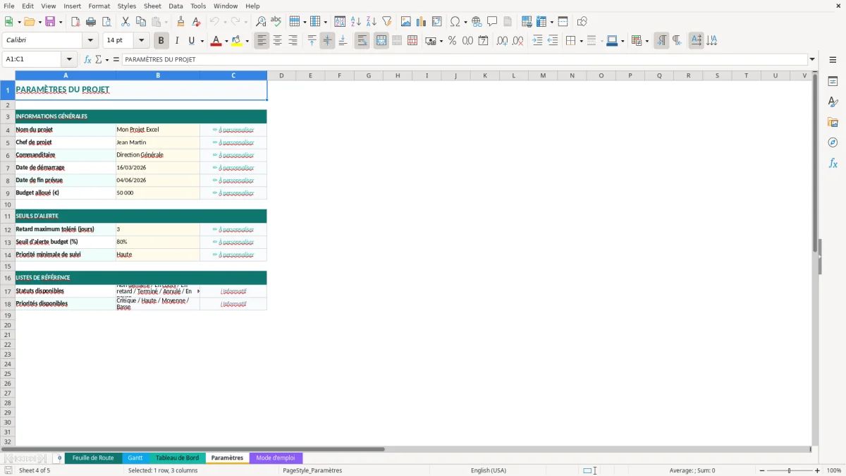 Capture d'écran 4 : Feuille Paramètres - Modèle Excel feuille de route projet excel
