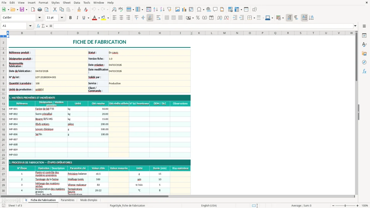 Capture d'écran 1 : Feuille Fiche de Fabrication - Modèle Excel fiche de fabrication excel