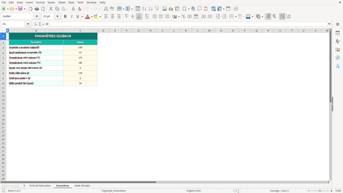 Capture d'écran 2 : Feuille Paramètres - Modèle Excel fiche de fabrication excel