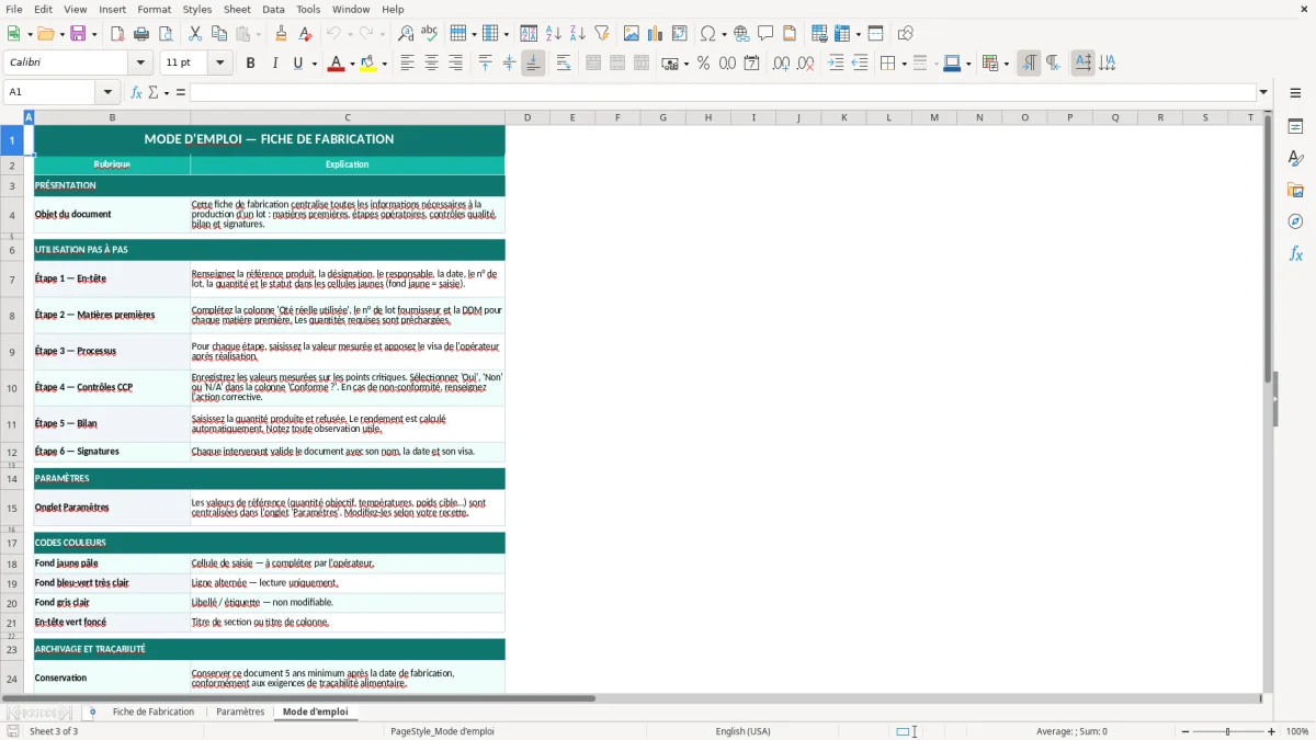 Capture d'écran 3 : Feuille Mode d'emploi - Modèle Excel fiche de fabrication excel