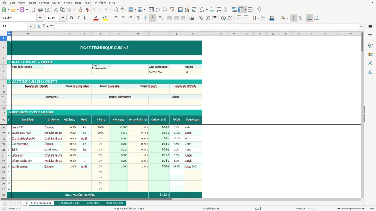 Capture d'écran 1 : Feuille Fiche Technique - Modèle Excel fiche technique cuisine excel