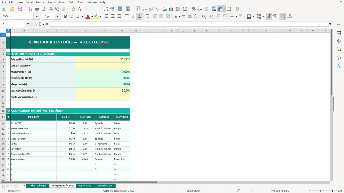 Capture d'écran 2 : Feuille Récapitulatif Coûts - Modèle Excel fiche technique cuisine excel