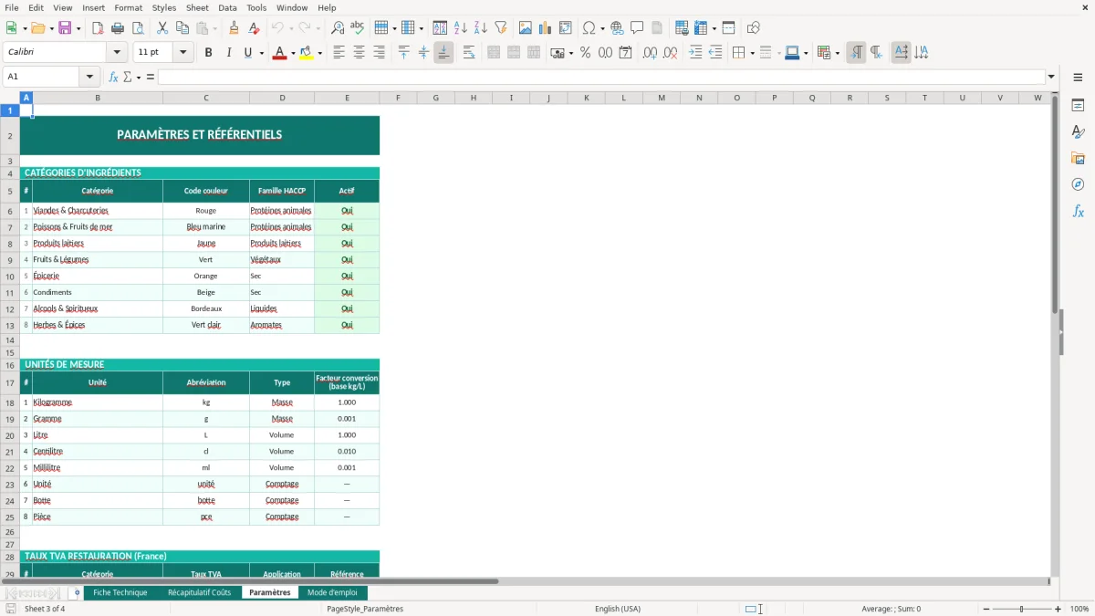 Capture d'écran 3 : Feuille Paramètres - Modèle Excel fiche technique cuisine excel