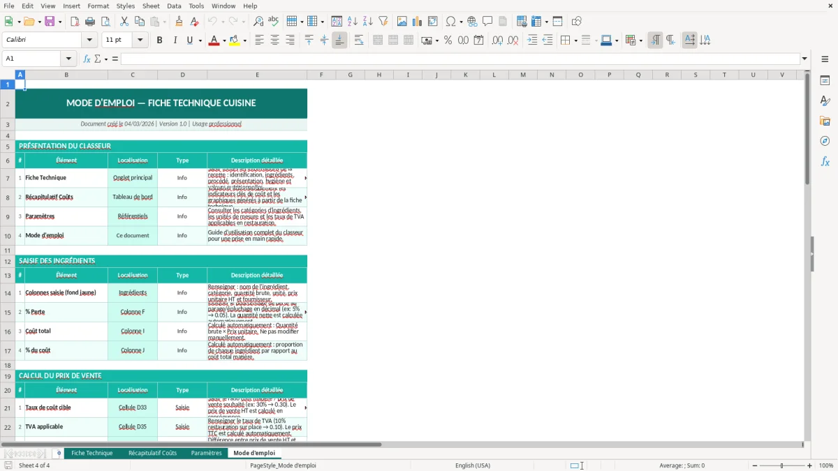 Capture d'écran 4 : Feuille Mode d'emploi - Modèle Excel fiche technique cuisine excel