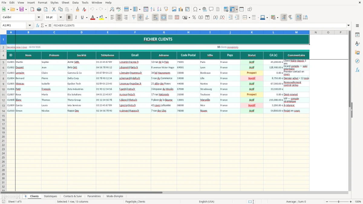 Capture d'écran 1 : Feuille Clients - Modèle Excel fichier client excel