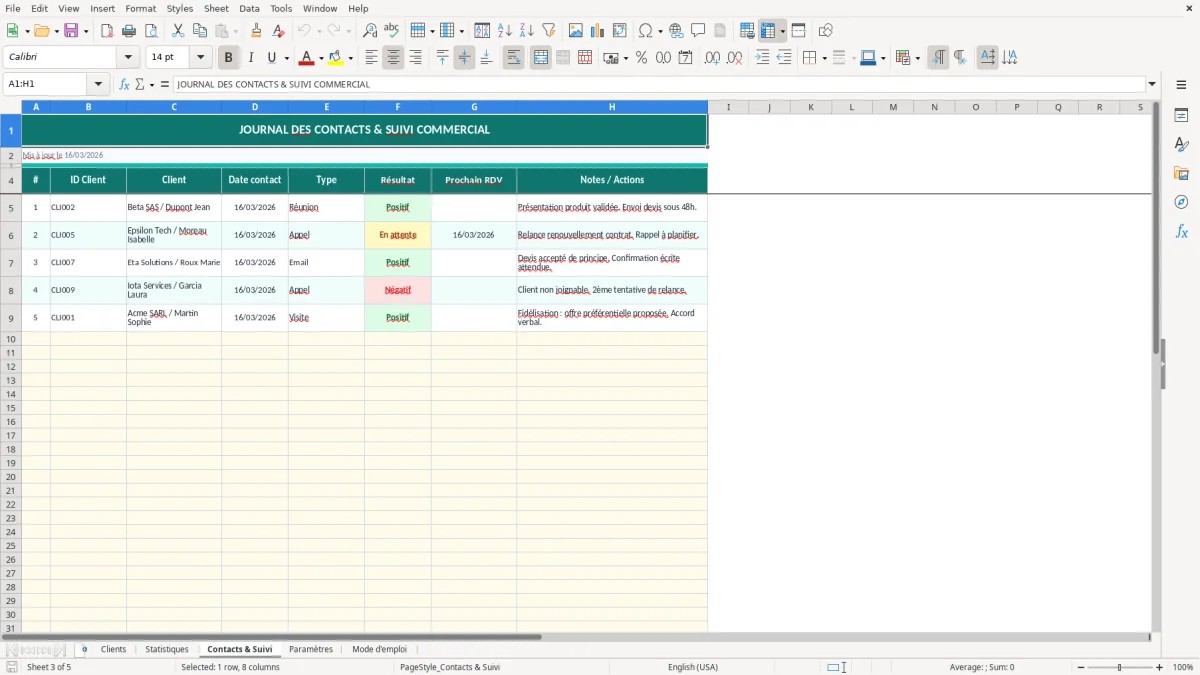 Capture d'écran 3 : Feuille Contacts & Suivi - Modèle Excel fichier client excel