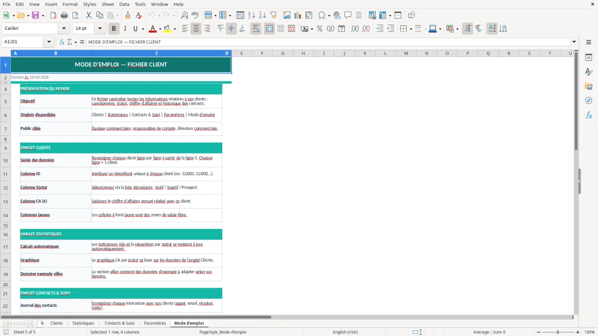 Capture d'écran 5 : Feuille Mode d'emploi - Modèle Excel fichier client excel
