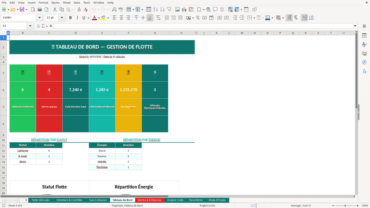 Capture d'écran 1 : Feuille Flotte Véhicules - Modèle Excel gestion flotte véhicules excel