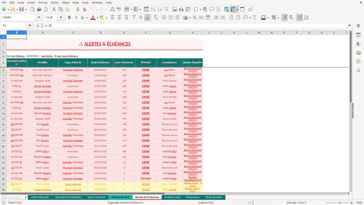 Capture d'écran 2 : Feuille Entretiens & Contrôles - Modèle Excel gestion flotte véhicules excel