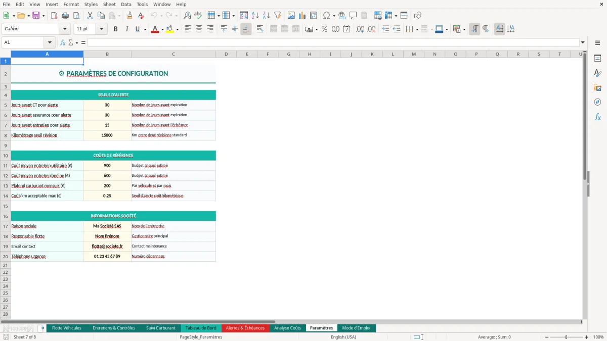 Capture d'écran 4 : Feuille Tableau de Bord - Modèle Excel gestion flotte véhicules excel
