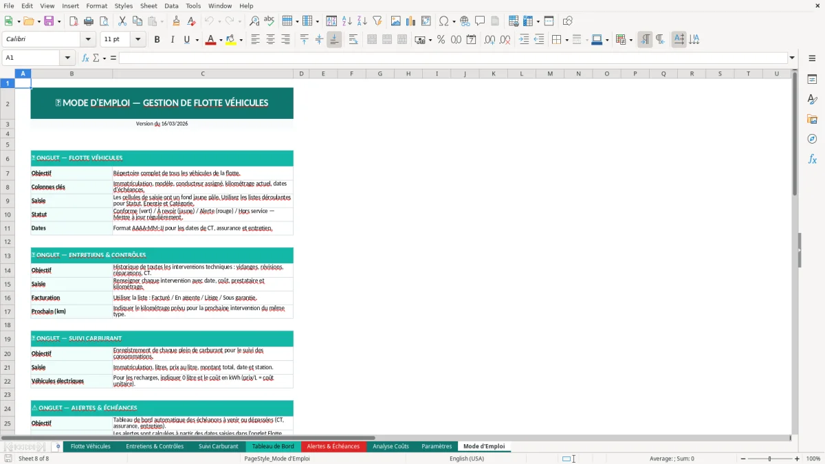Capture d'écran 5 : Feuille Alertes & Échéances - Modèle Excel gestion flotte véhicules excel