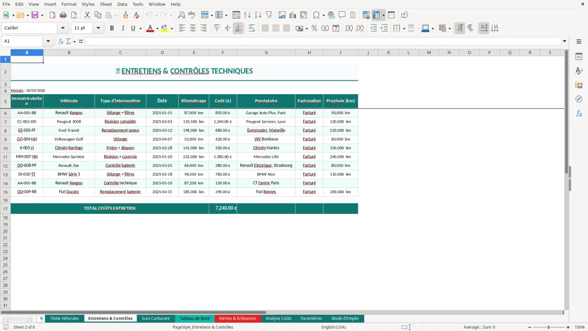 Capture d'écran 7 : Feuille Paramètres - Modèle Excel gestion flotte véhicules excel