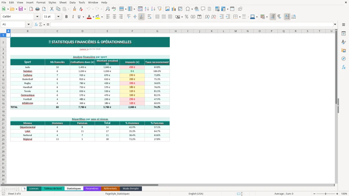 Capture d'écran 2 : Feuille Tableau de bord - Modèle Excel gestion licences sportives excel