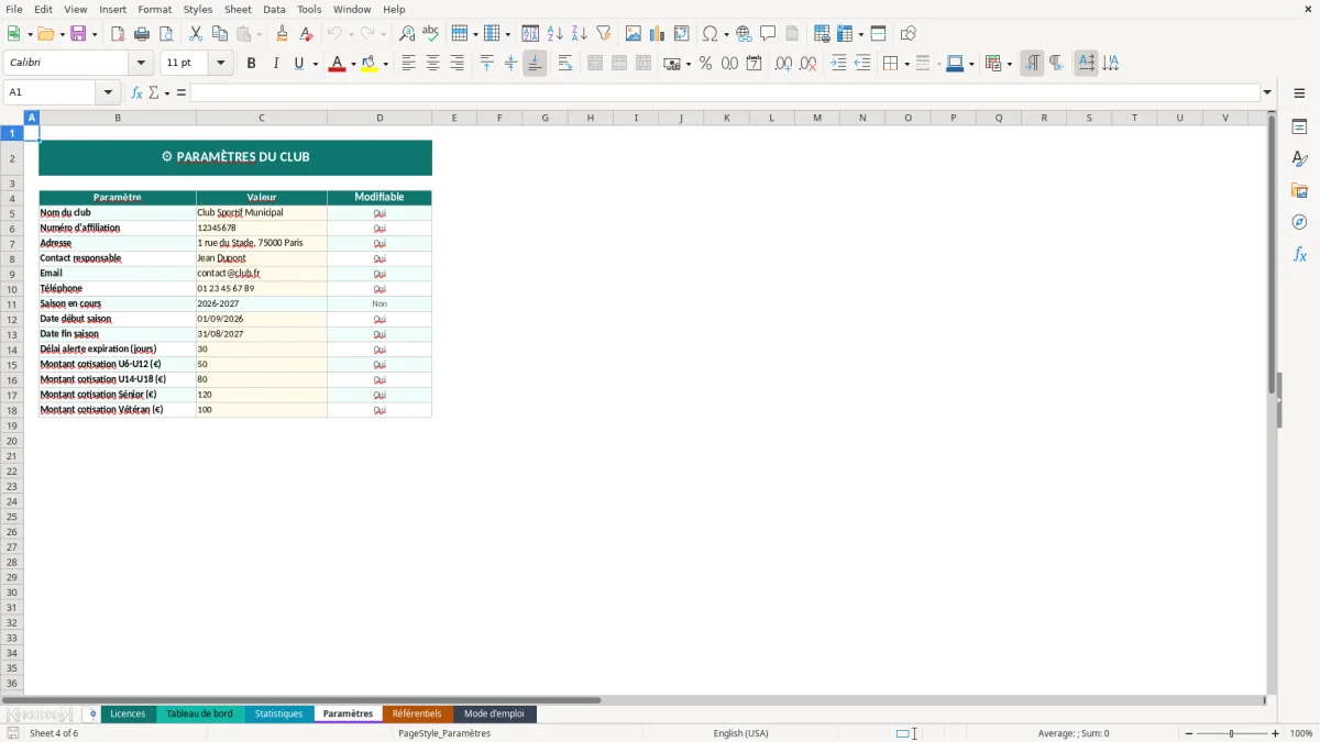 Capture d'écran 3 : Feuille Statistiques - Modèle Excel gestion licences sportives excel
