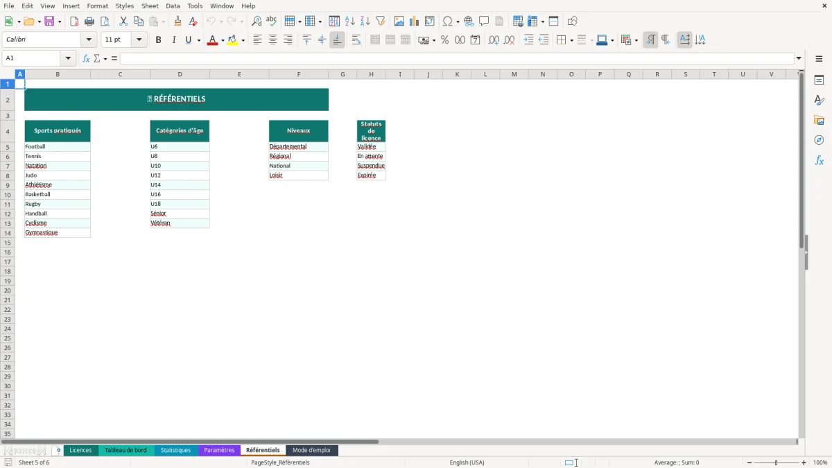 Capture d'écran 4 : Feuille Paramètres - Modèle Excel gestion licences sportives excel