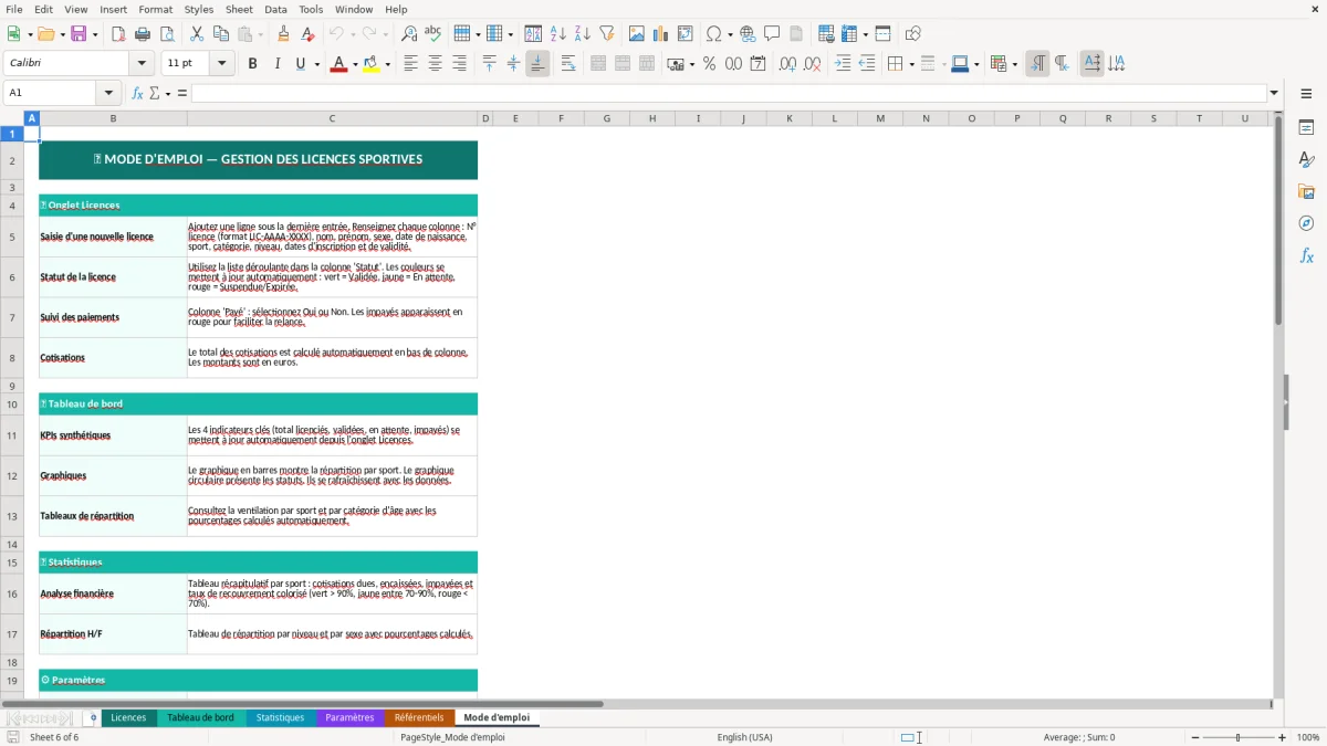 Capture d'écran 5 : Feuille Référentiels - Modèle Excel gestion licences sportives excel