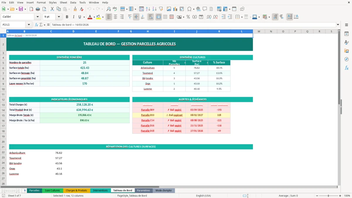 Capture d'écran 1 : Feuille Parcelles - Modèle Excel gestion parcelles agricoles excel
