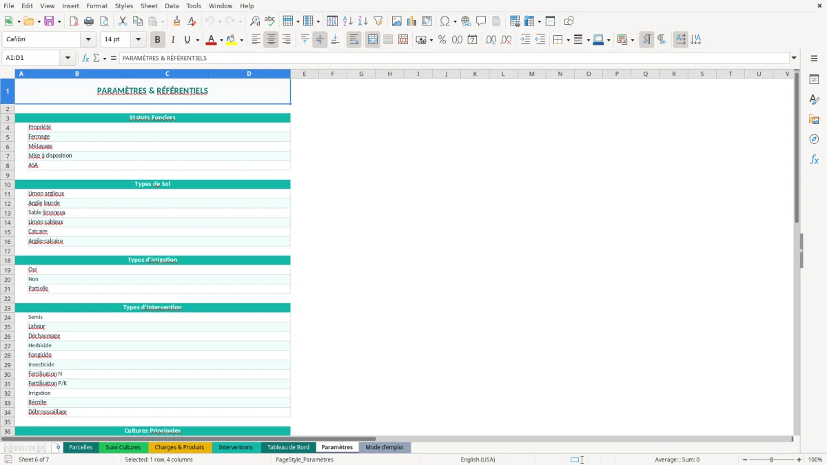 Capture d'écran 2 : Feuille Suivi Cultures - Modèle Excel gestion parcelles agricoles excel