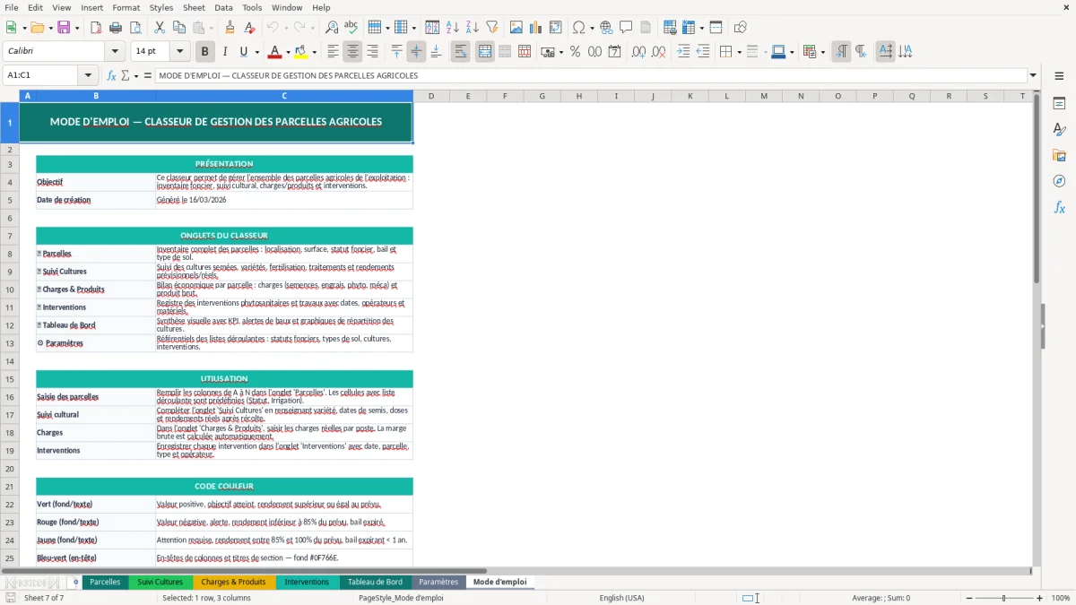 Capture d'écran 3 : Feuille Charges & Produits - Modèle Excel gestion parcelles agricoles excel