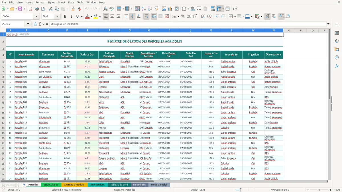 Capture d'écran 4 : Feuille Interventions - Modèle Excel gestion parcelles agricoles excel