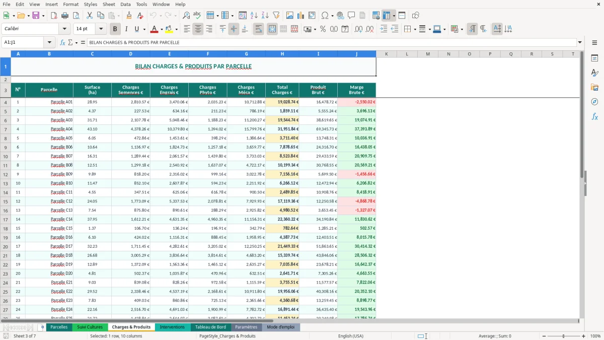 Capture d'écran 6 : Feuille Paramètres - Modèle Excel gestion parcelles agricoles excel