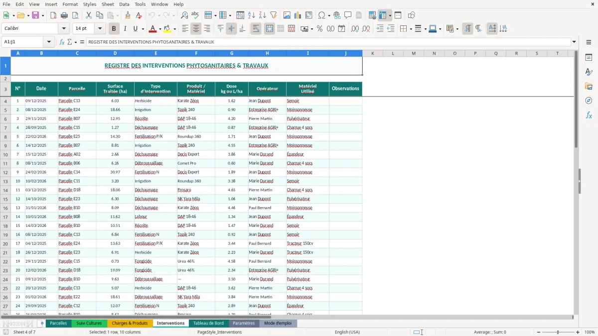 Capture d'écran 7 : Feuille Mode d'emploi - Modèle Excel gestion parcelles agricoles excel