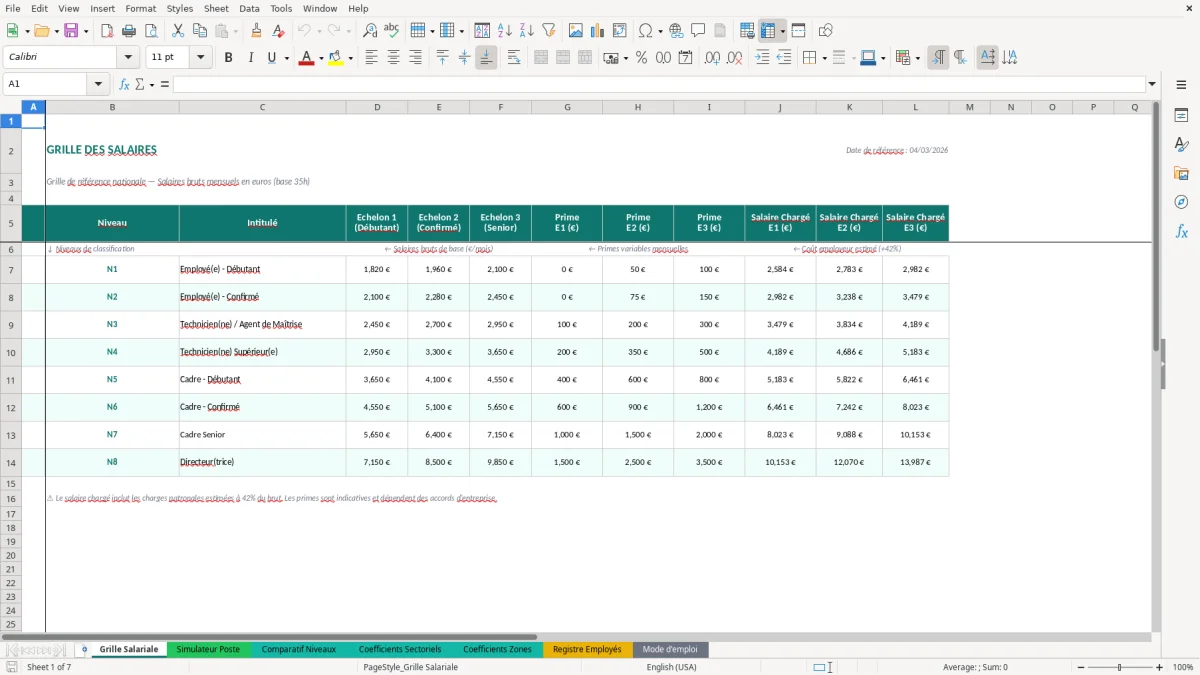 Capture d'écran 1 : Feuille Grille Salariale - Modèle Excel grille salaires excel