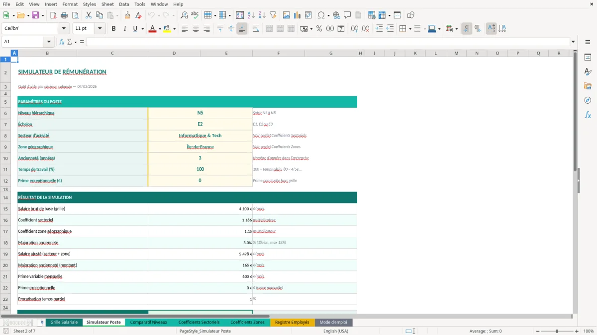 Capture d'écran 2 : Feuille Simulateur Poste - Modèle Excel grille salaires excel