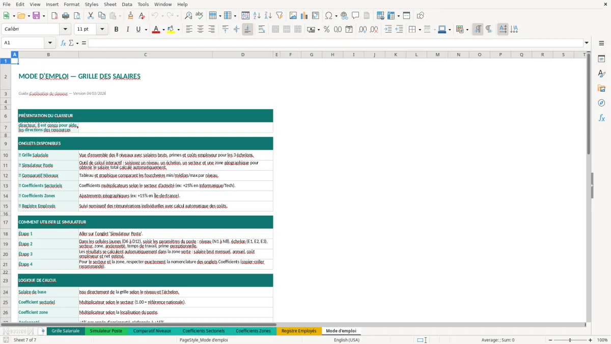 Capture d'écran 7 : Feuille Mode d'emploi - Modèle Excel grille salaires excel