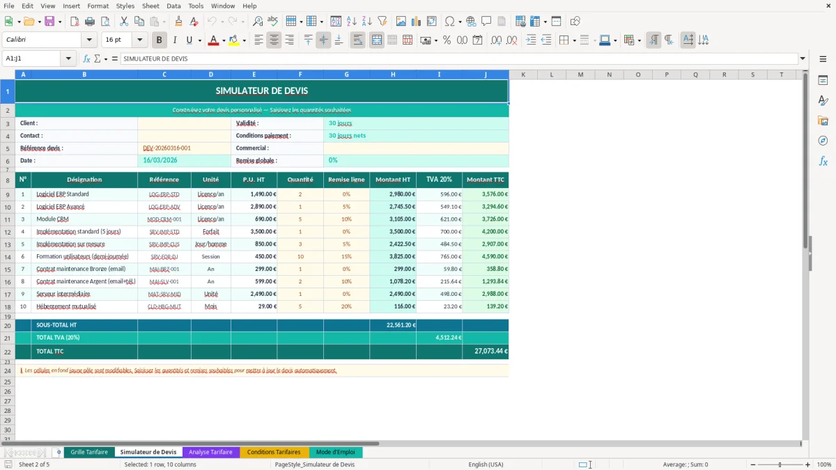 Capture d'écran 2 : Feuille Simulateur de Devis - Modèle Excel grille tarifaire excel