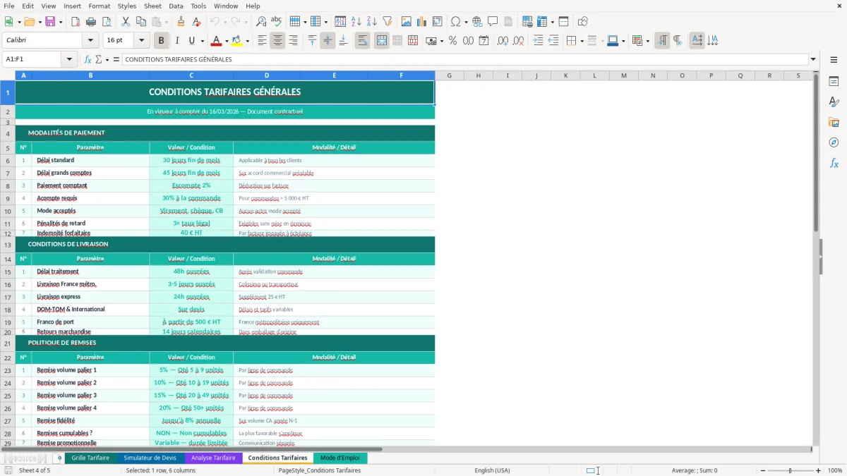 Capture d'écran 4 : Feuille Conditions Tarifaires - Modèle Excel grille tarifaire excel