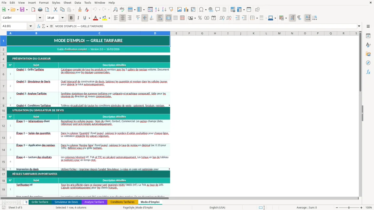 Capture d'écran 5 : Feuille Mode d'Emploi - Modèle Excel grille tarifaire excel