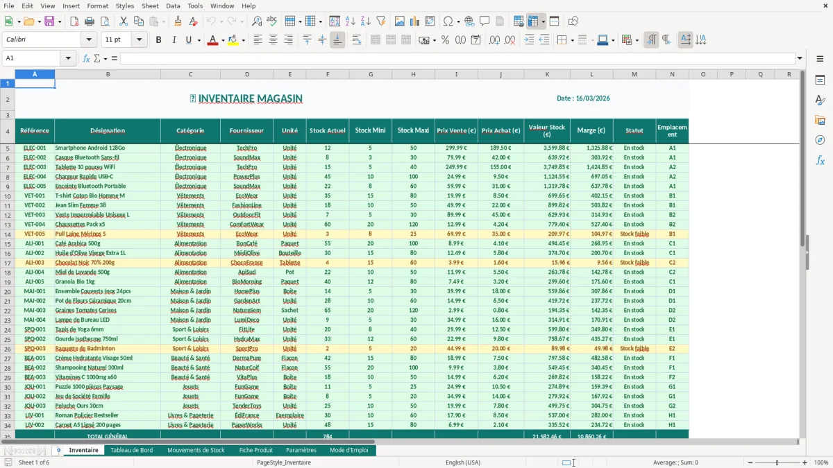 Capture d'écran 1 : Feuille Inventaire - Modèle Excel inventaire magasin excel