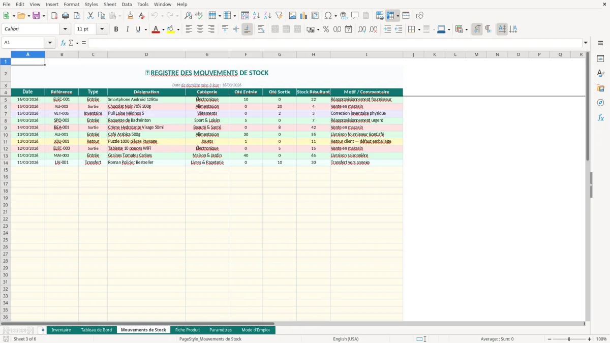 Capture d'écran 3 : Feuille Mouvements de Stock - Modèle Excel inventaire magasin excel