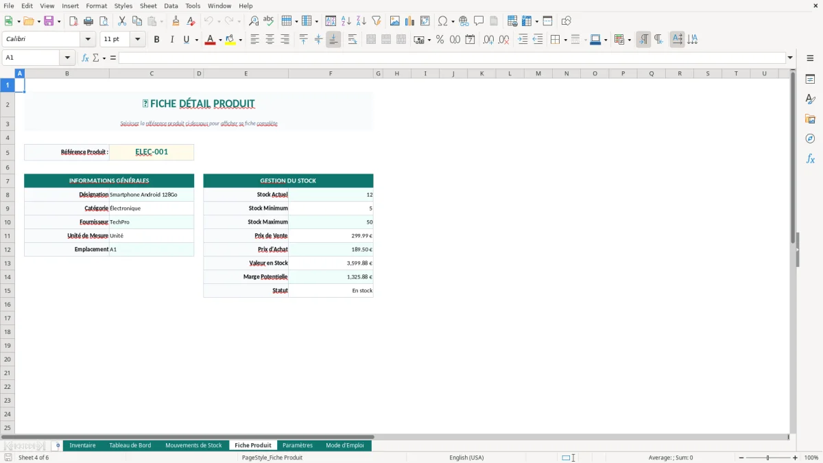 Capture d'écran 4 : Feuille Fiche Produit - Modèle Excel inventaire magasin excel