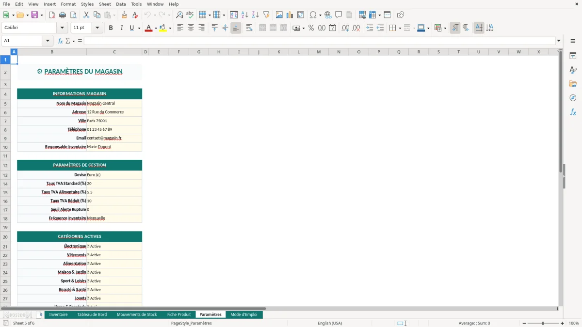 Capture d'écran 5 : Feuille Paramètres - Modèle Excel inventaire magasin excel