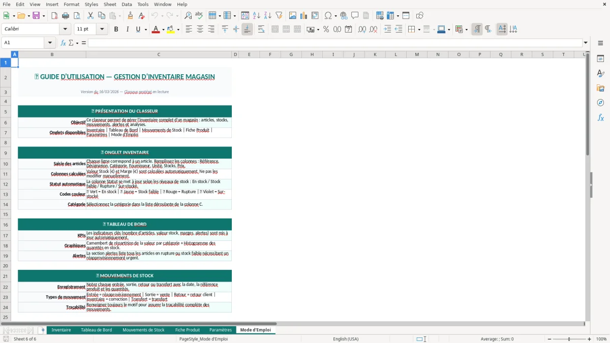 Capture d'écran 6 : Feuille Mode d'Emploi - Modèle Excel inventaire magasin excel