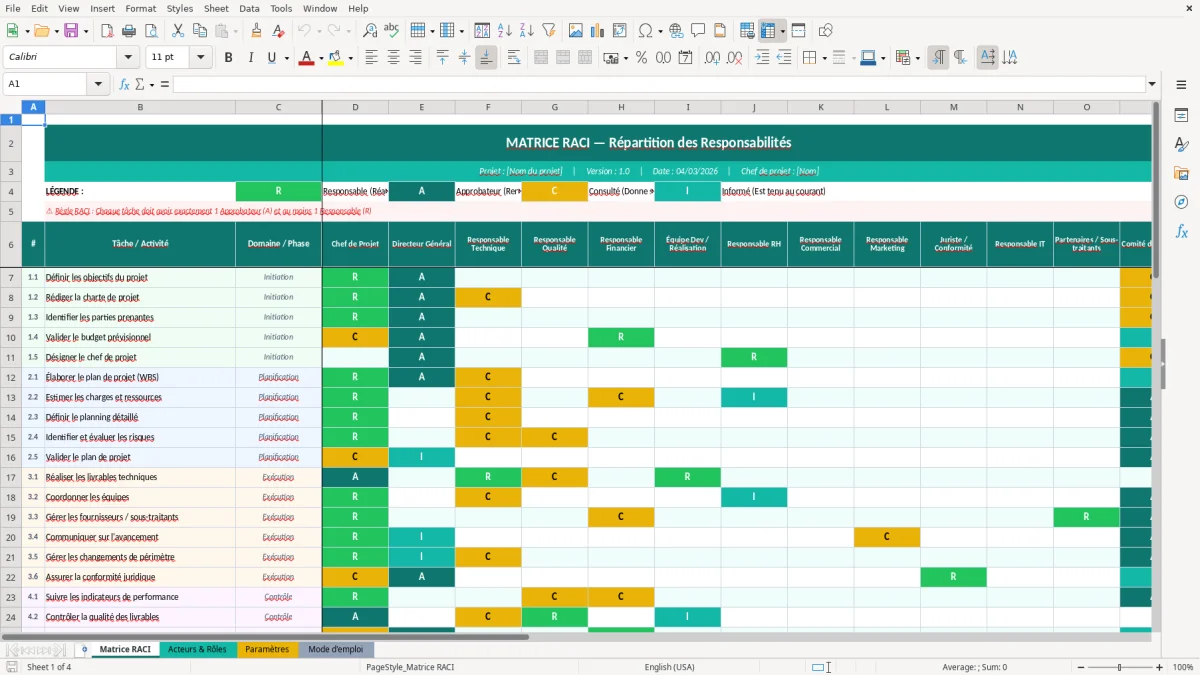 Capture d'écran 1 : Feuille Matrice RACI - Modèle Excel matrice RACI excel