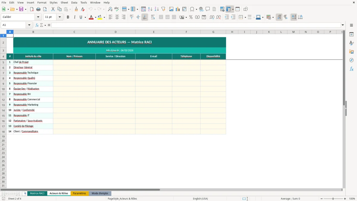 Capture d'écran 2 : Feuille Acteurs & Rôles - Modèle Excel matrice RACI excel