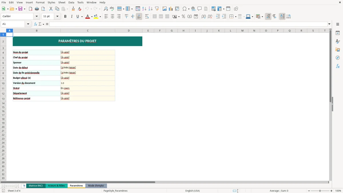 Capture d'écran 3 : Feuille Paramètres - Modèle Excel matrice RACI excel