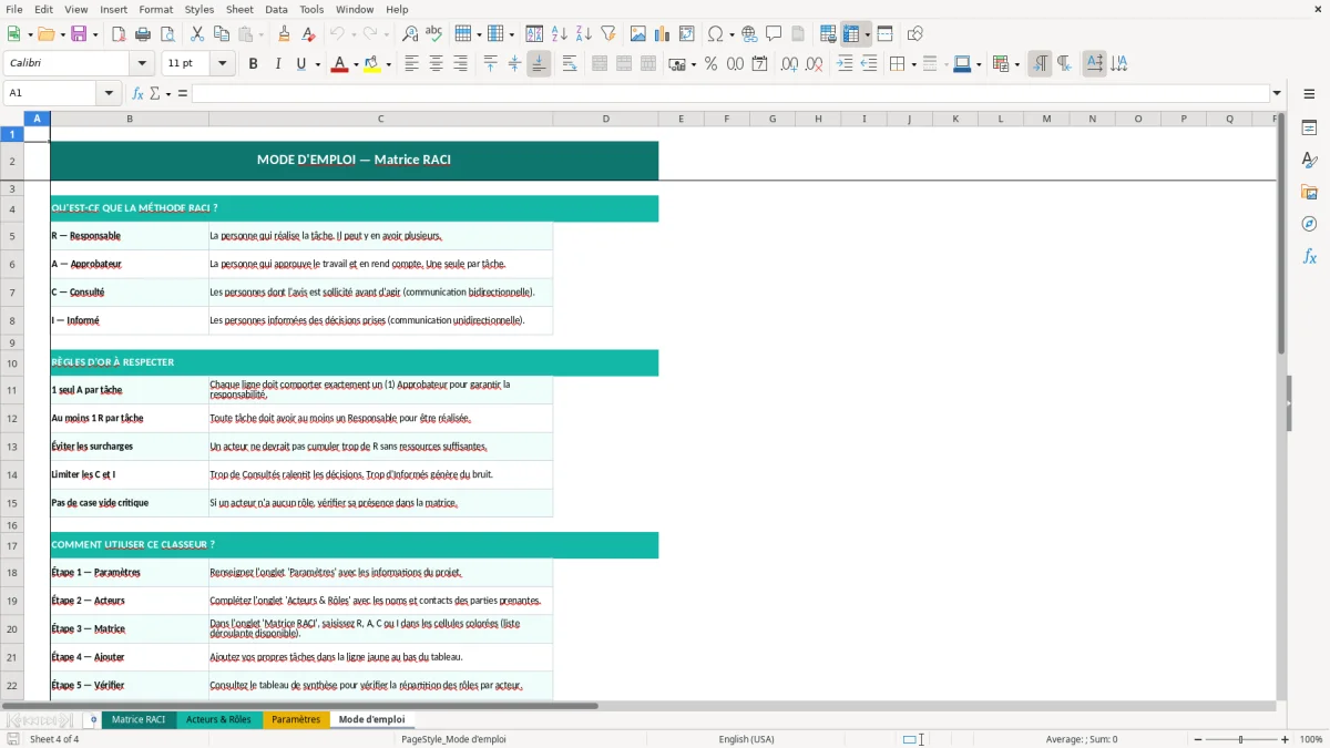 Capture d'écran 4 : Feuille Mode d'emploi - Modèle Excel matrice RACI excel