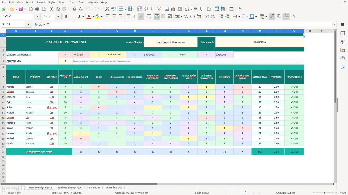 Capture d'écran 1 : Feuille Matrice Polyvalence - Modèle Excel matrice polyvalence excel