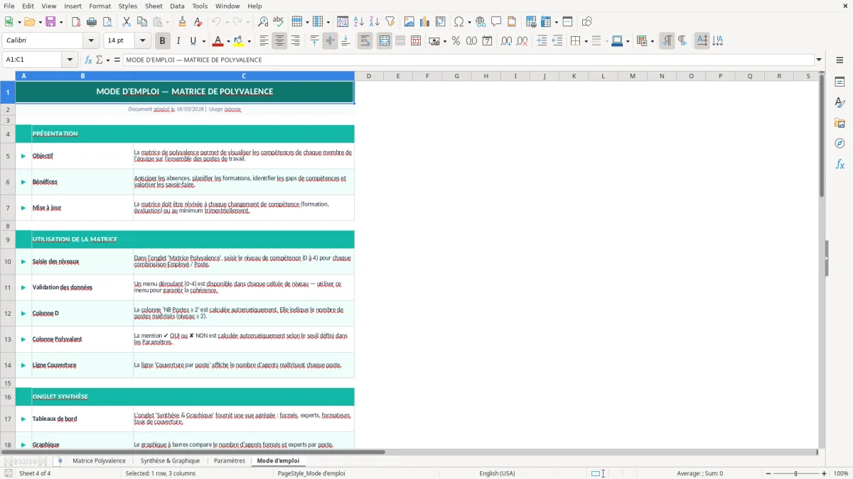 Capture d'écran 4 : Feuille Mode d'emploi - Modèle Excel matrice polyvalence excel