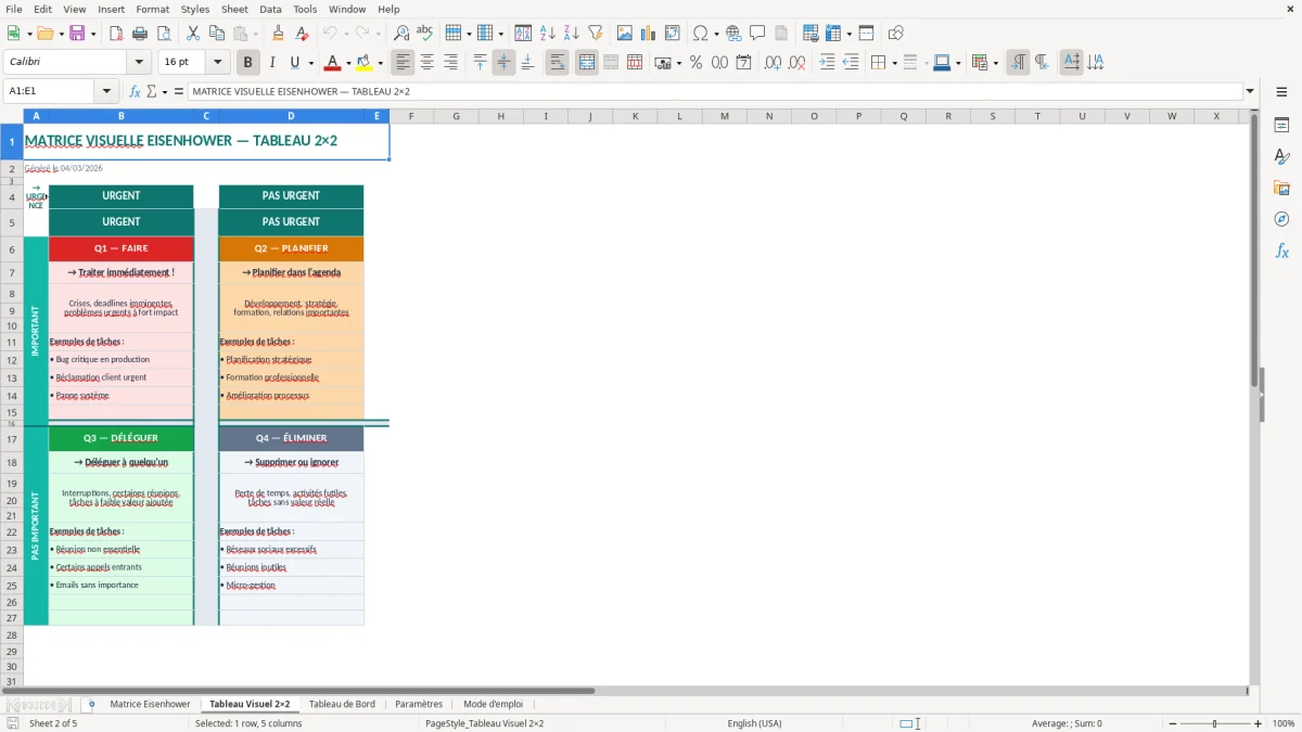 Capture d'écran 2 : Feuille Tableau Visuel 2×2 - Modèle Excel matrice priorités excel