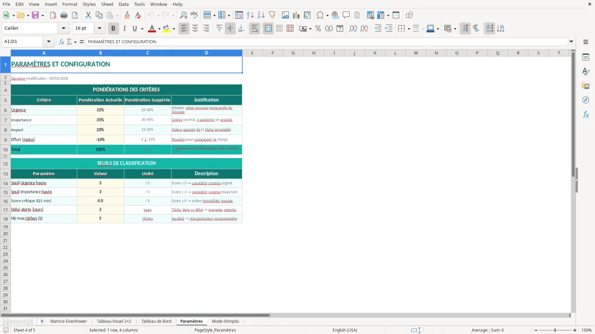 Capture d'écran 4 : Feuille Paramètres - Modèle Excel matrice priorités excel
