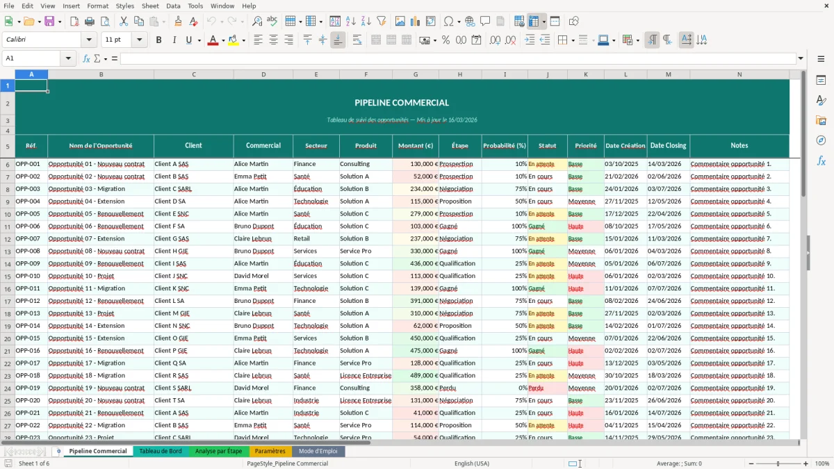 Capture d'écran 5 : Feuille Paramètres - Modèle Excel pipeline commercial excel