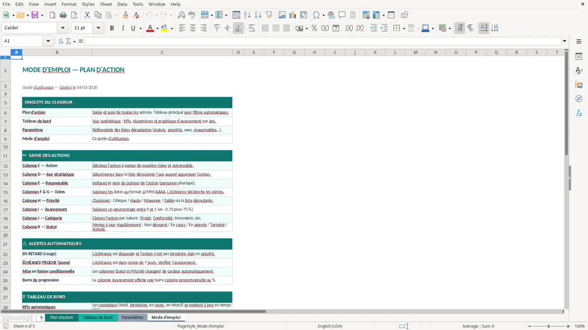 Capture d'écran 3 : Feuille Paramètres - Modèle Excel plan action excel